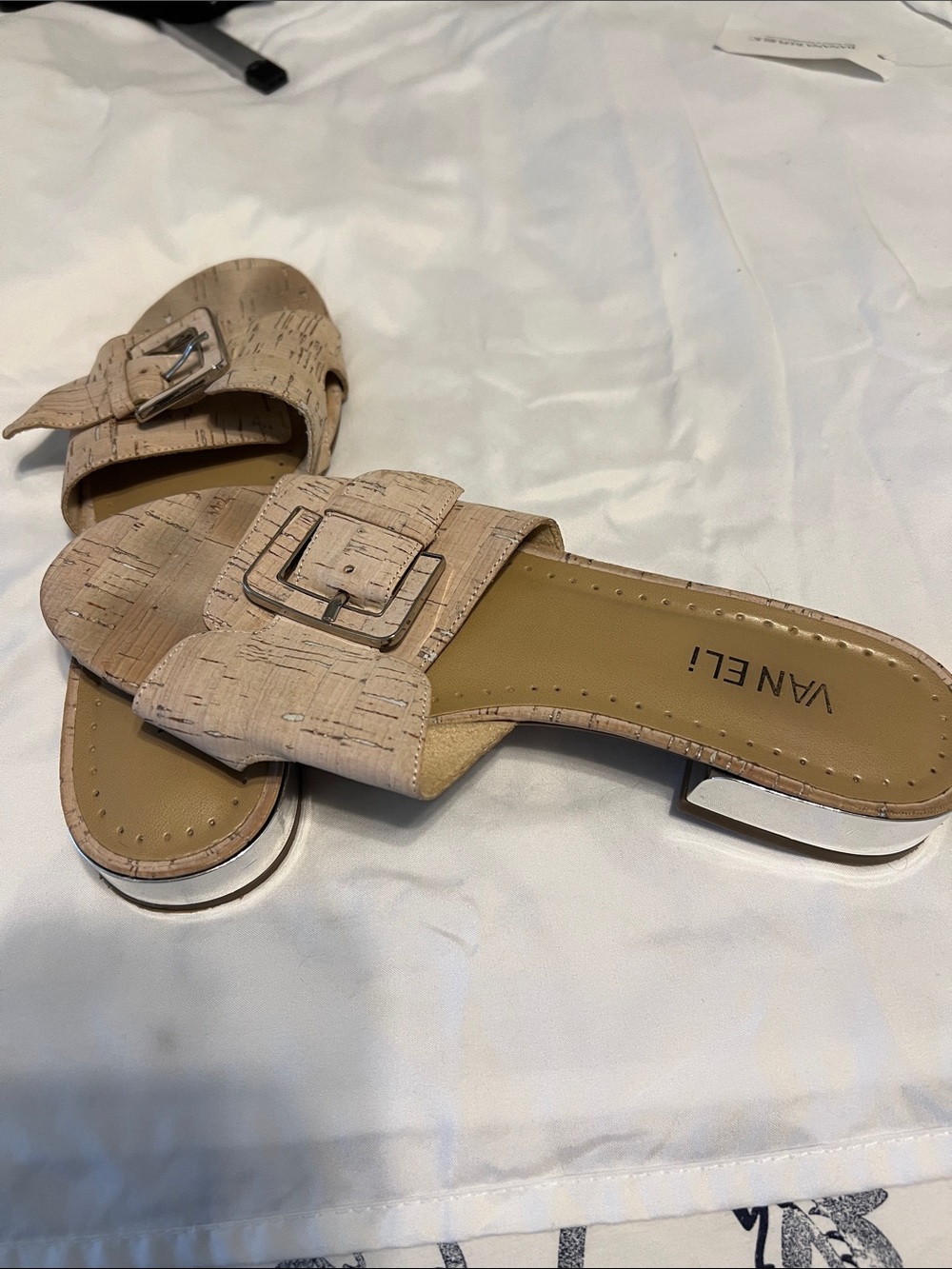 Vaneli Neutral Cork Buckle Slide Sandals in Beige